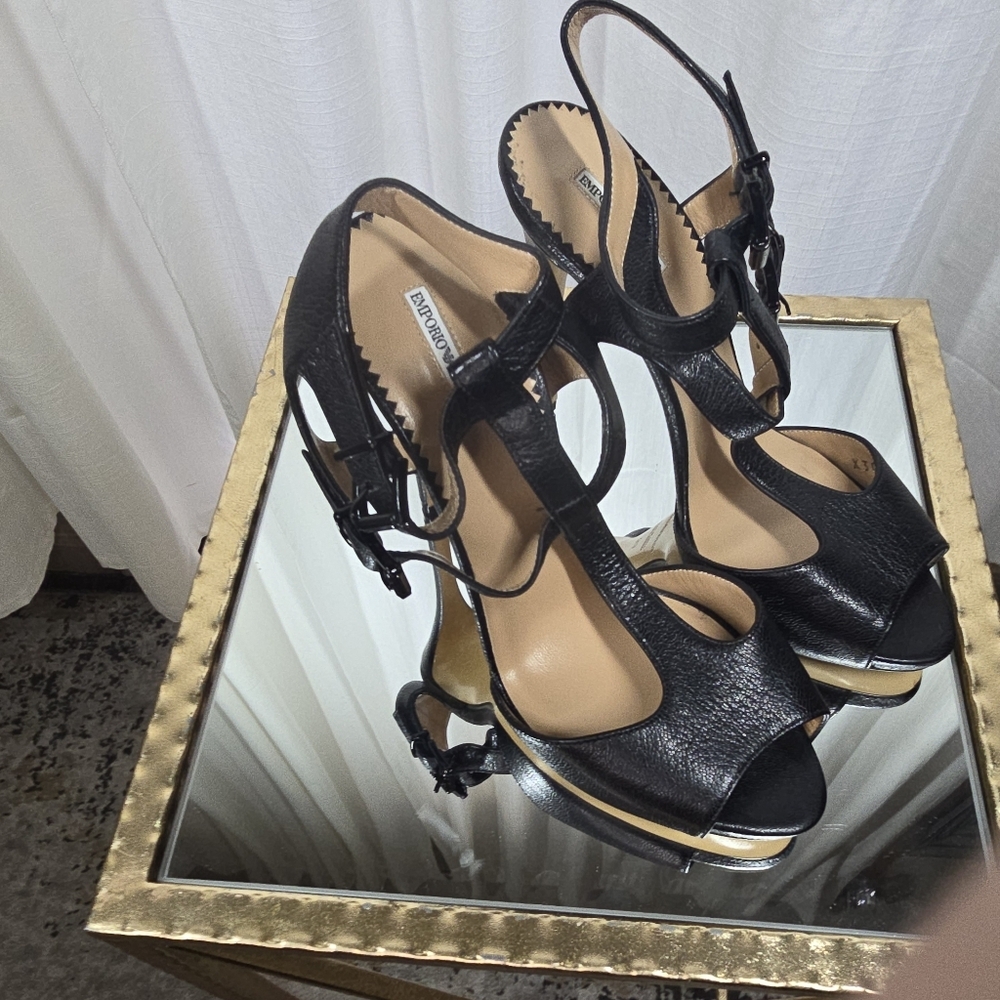 Emporio Armani Black Leather Strappy Heels - Picture 6 of 16